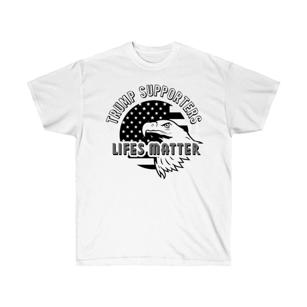 Trump Supporters Lifes Matter Political T-Shirt in soft cotton, featuring bold print and unisex retail fit.