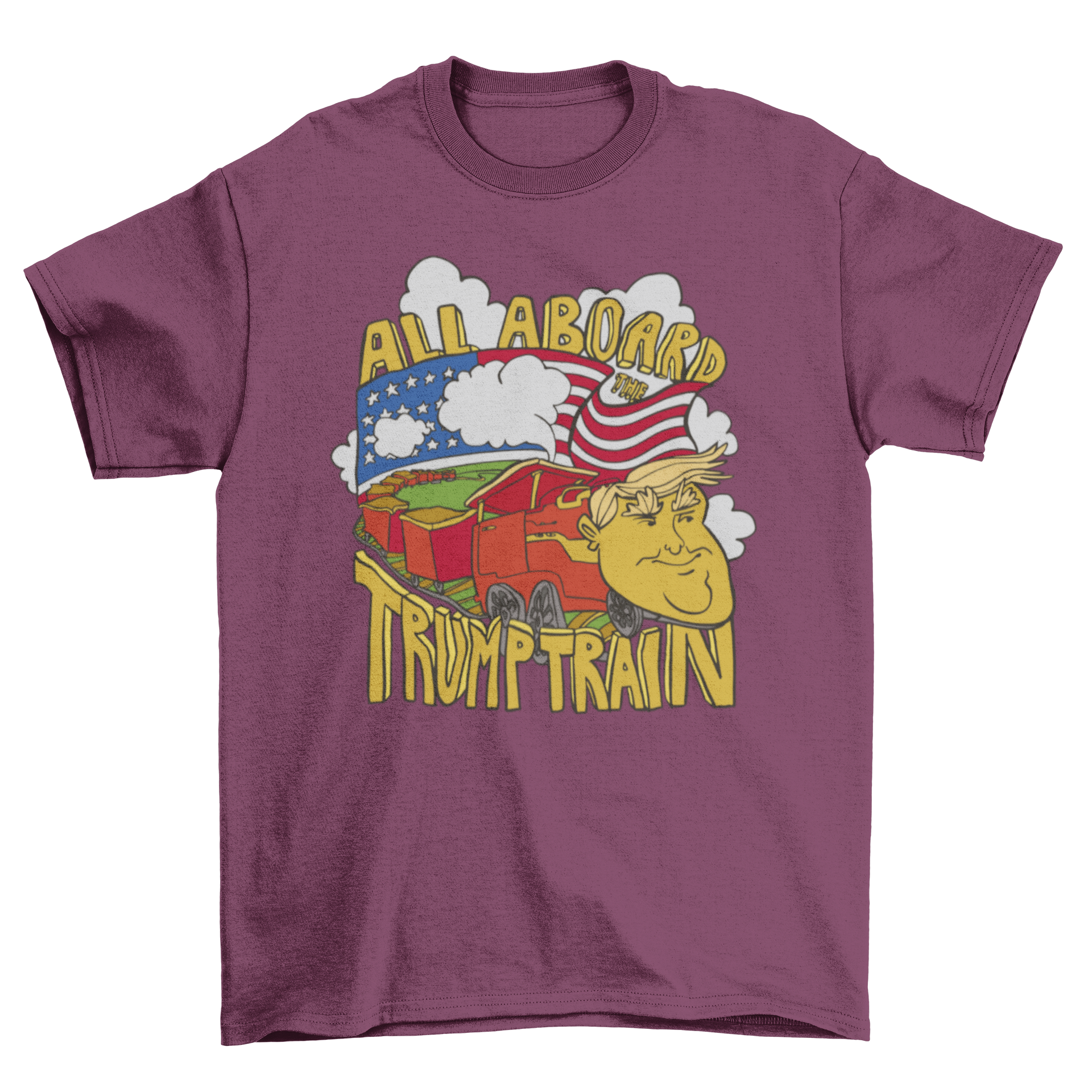 A cartoon t-shirt featuring a train shaped like Donald Trump with the slogan 'All aboard trump train'.