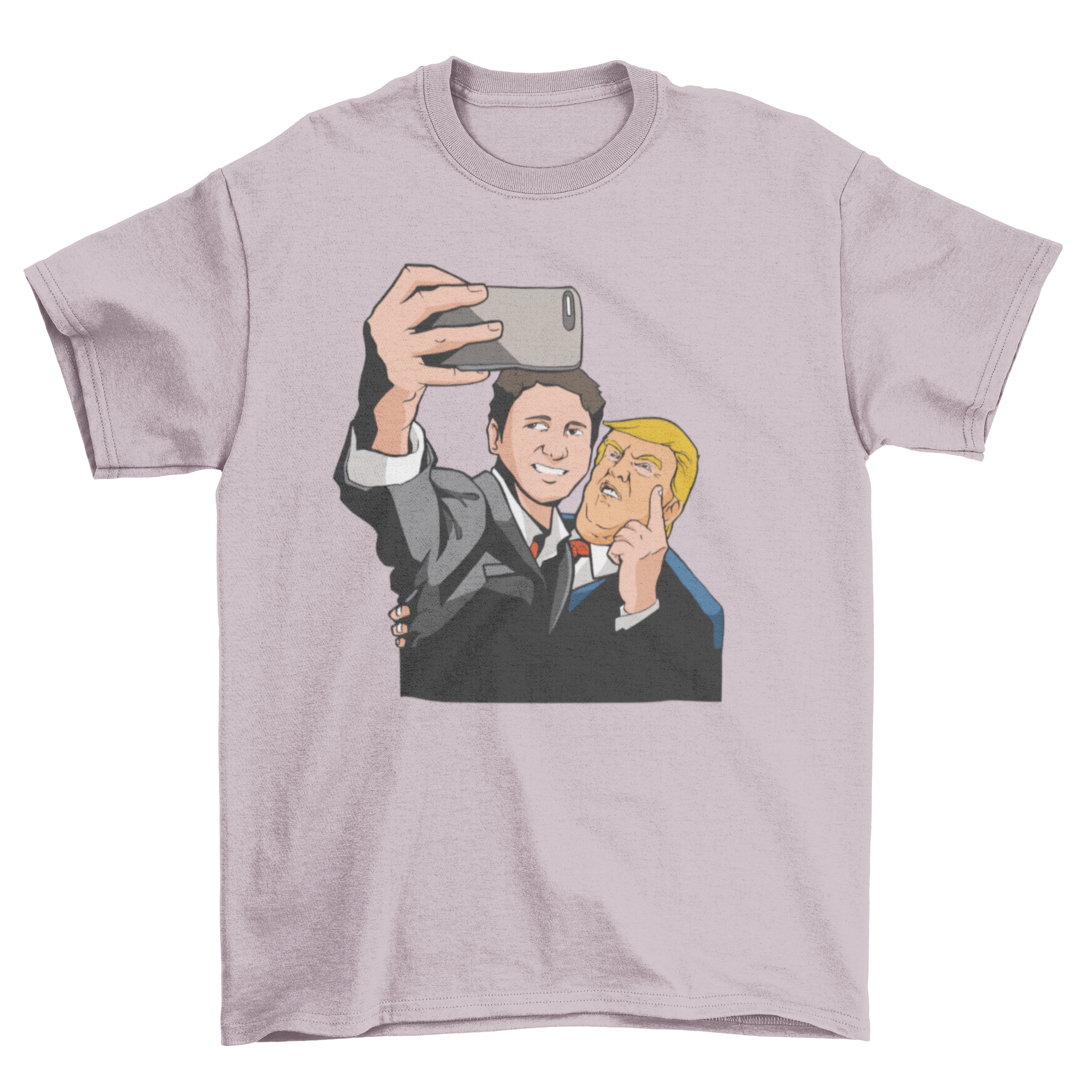A humorous t-shirt featuring Donald Trump and Justin Trudeau taking a selfie, with Trump making his signature gesture.
