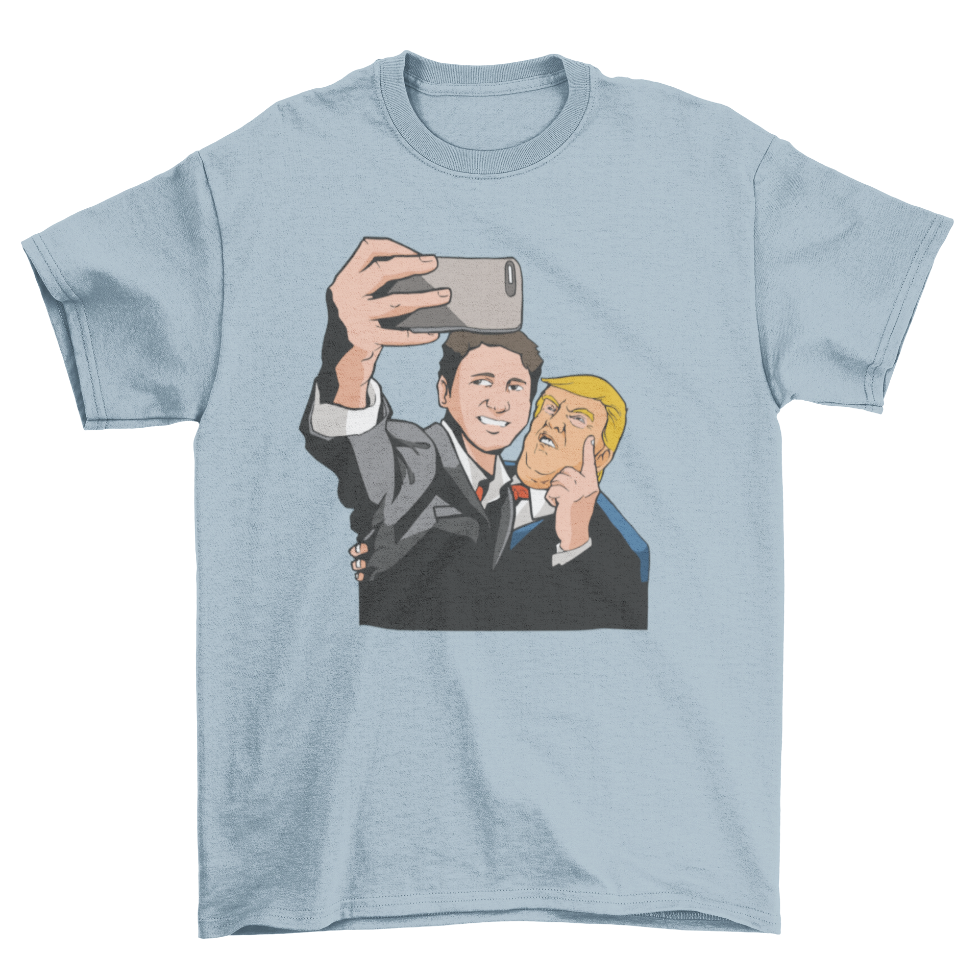 A humorous t-shirt featuring Donald Trump and Justin Trudeau taking a selfie, with Trump making his signature gesture.
