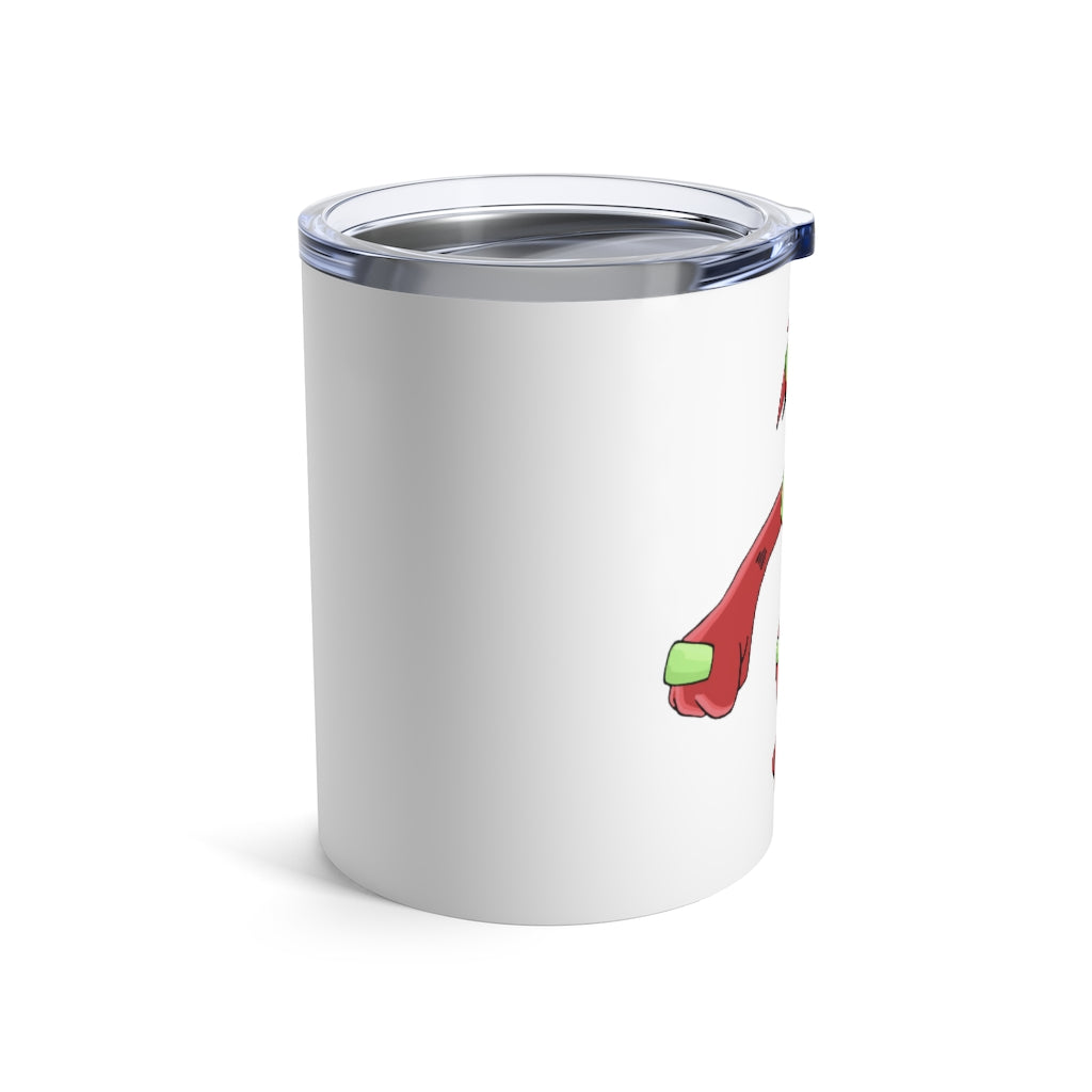 Tsoskichan Tumbler 10oz in stainless steel with a see-thru plastic lid, showcasing its sleek design and rounded corners.