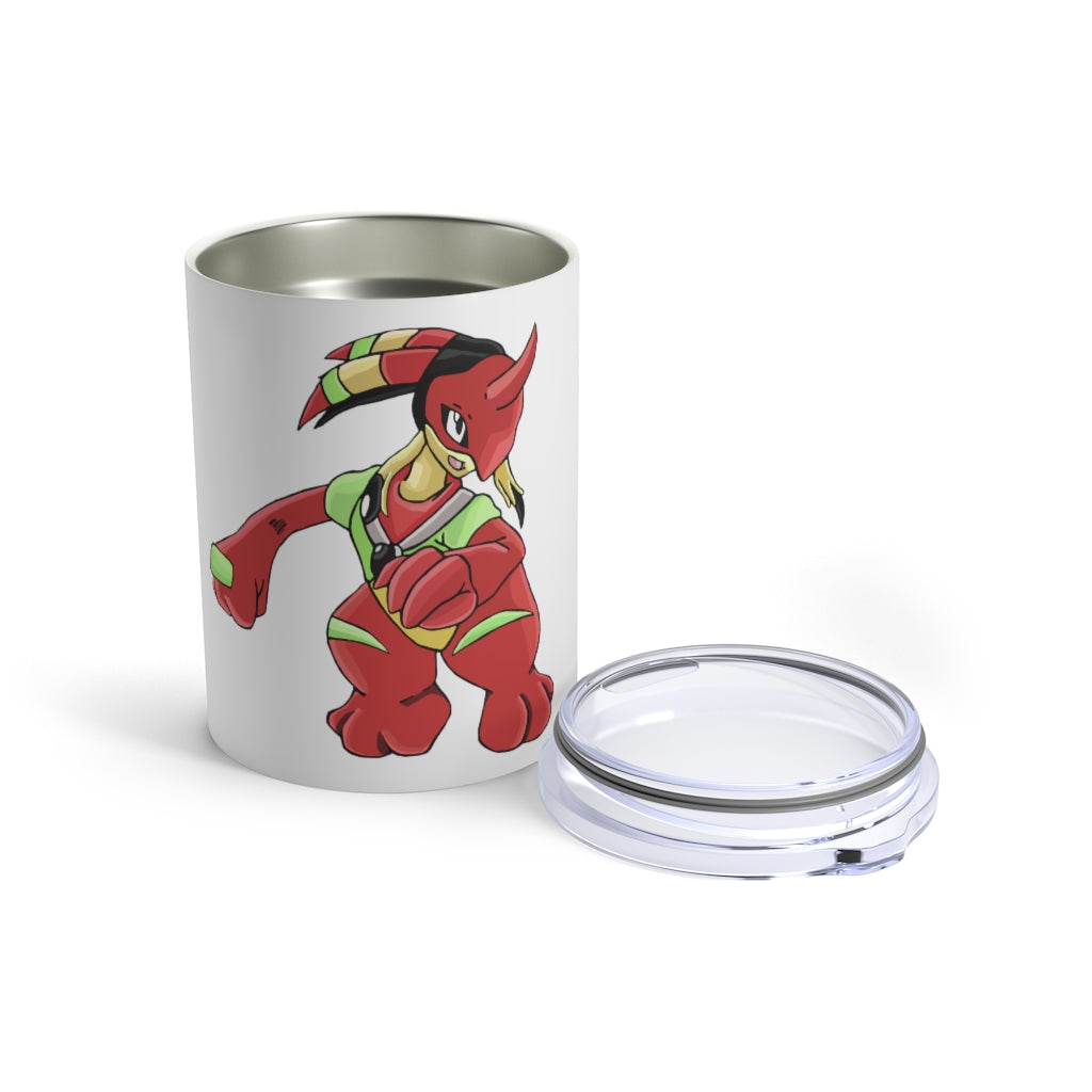 Tsoskichan Tumbler 10oz in stainless steel with a see-thru plastic lid, showcasing its sleek design and rounded corners.