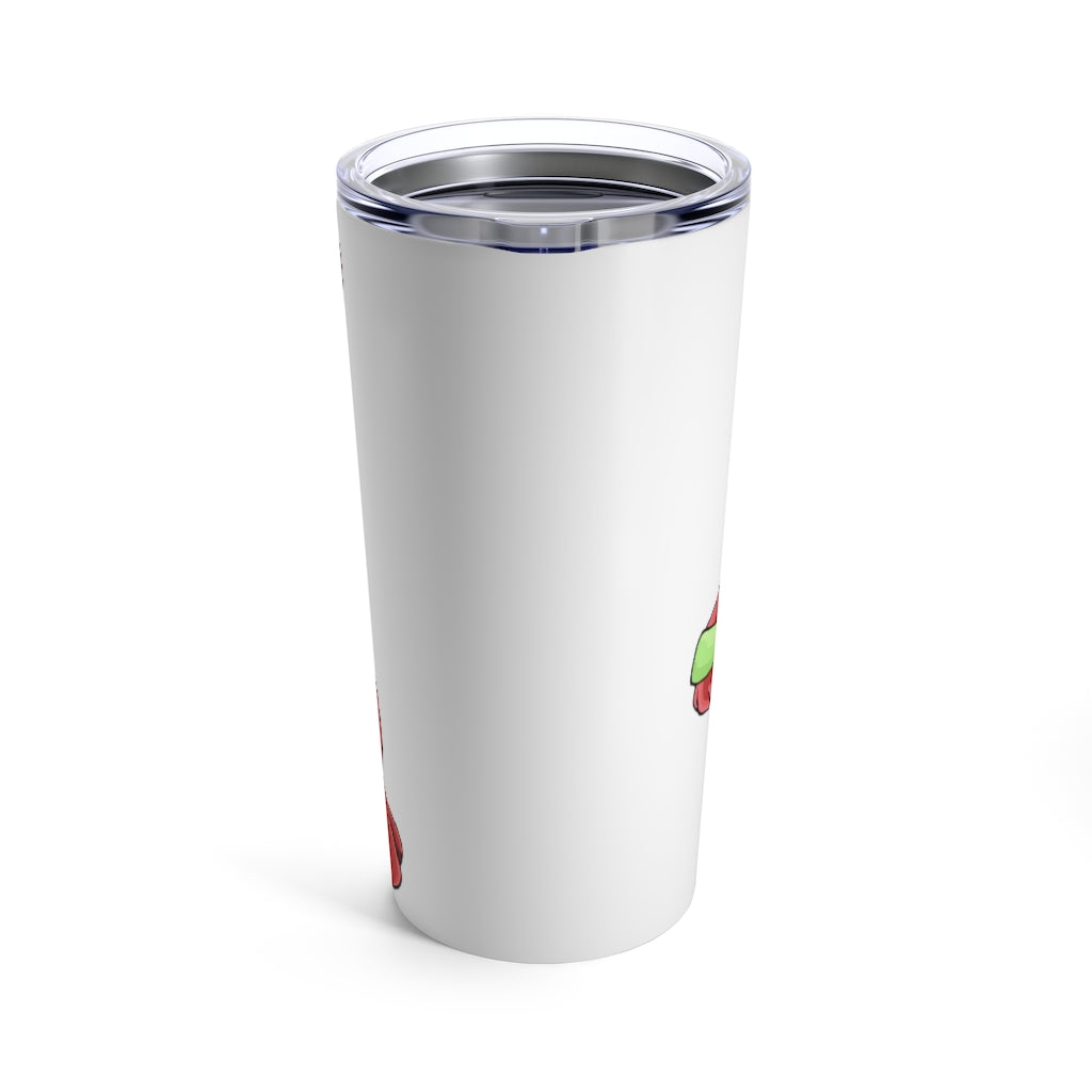 Tsoskichan Tumbler 20oz in stainless steel with a see-thru plastic lid, showcasing its sleek design and rounded corners.