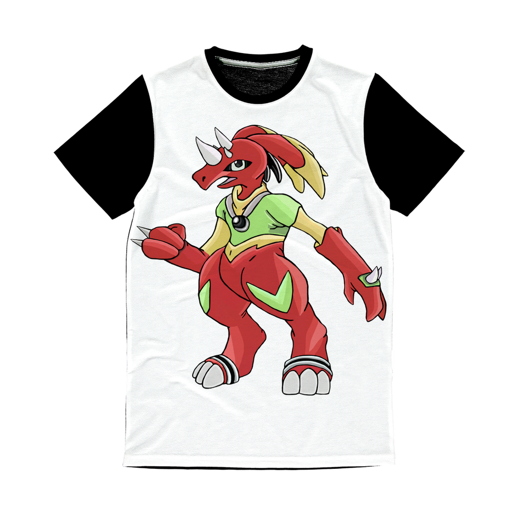 Tsostkibird Classic Sublimation Panel T-Shirt featuring a vibrant front design and plain black back, ideal for sublimation printing.