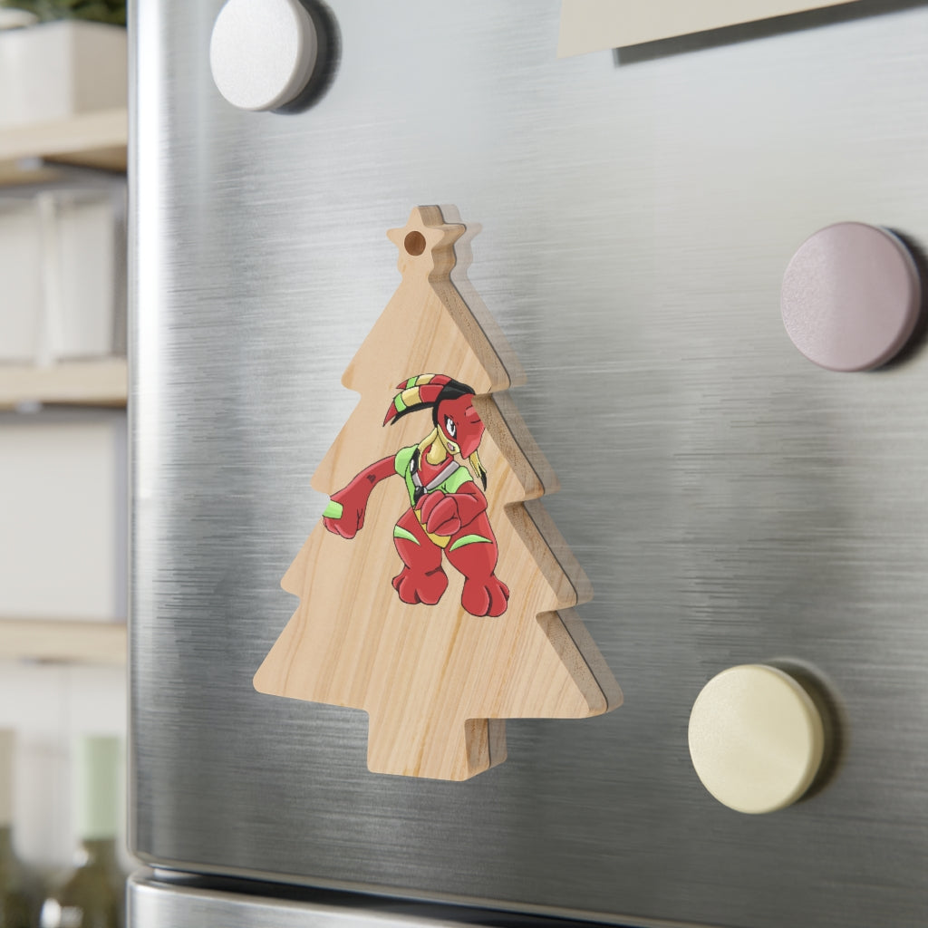 Tsostkichan Wooden Christmas Ornaments in various whimsical shapes with a red ribbon, showcasing rustic wooden texture.