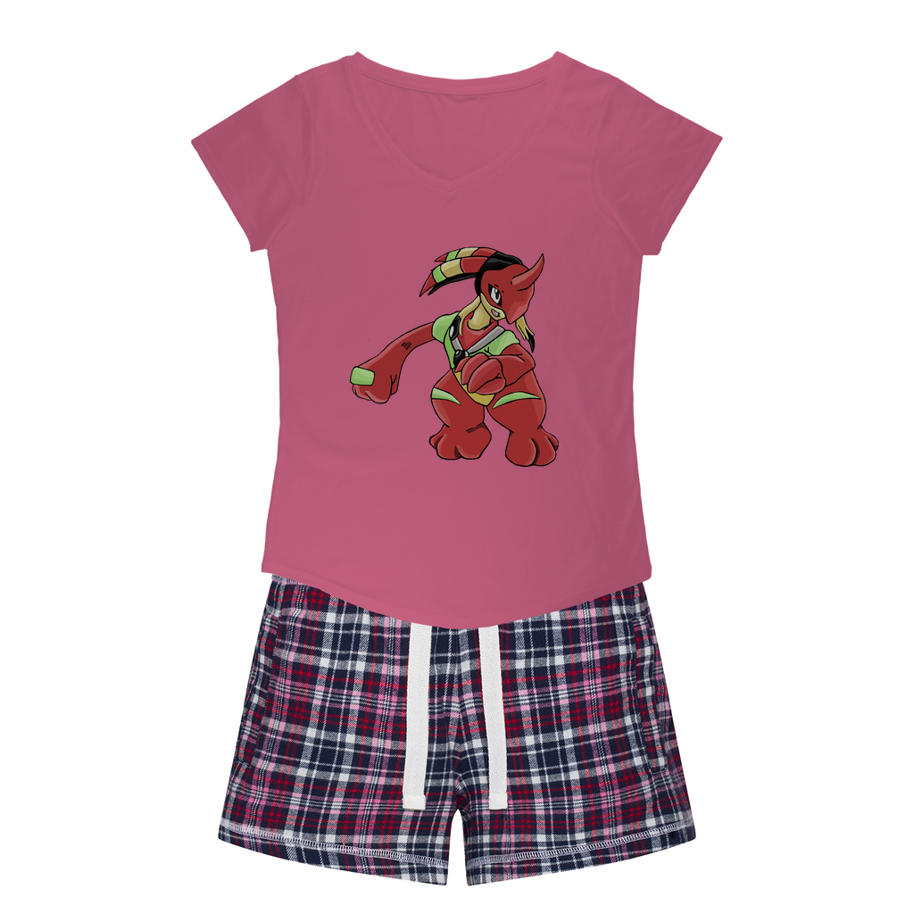 Tsostkichan Women's Sleepy Tee and Flannel Short set featuring a relaxed fit T-shirt and colorful flannel shorts, perfect for cozy nights.