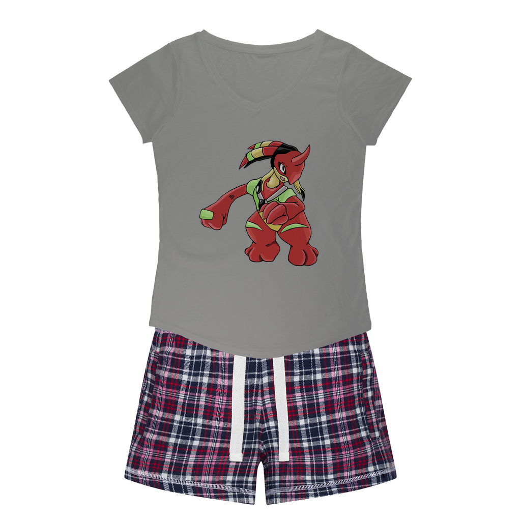 Tsostkichan Women's Sleepy Tee and Flannel Short set featuring a relaxed fit T-shirt and colorful flannel shorts, perfect for cozy nights.