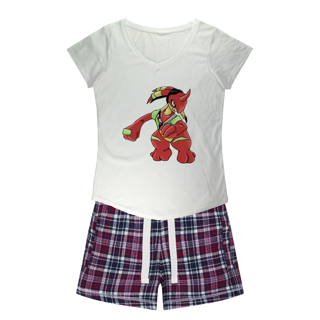 Tsostkichan Women's Sleepy Tee and Flannel Short set featuring a relaxed fit T-shirt and colorful flannel shorts, perfect for cozy nights.