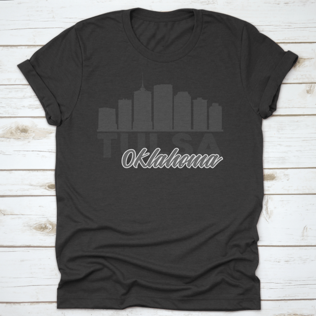 Tulsa, Oklahoma skyline vector art design on a cotton fabric, showcasing iconic buildings and landmarks.
