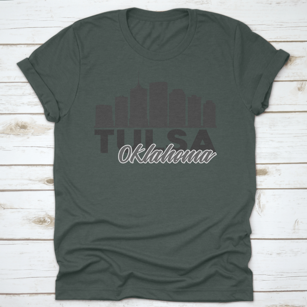 Tulsa, Oklahoma skyline vector art design on a cotton fabric, showcasing iconic buildings and landmarks.