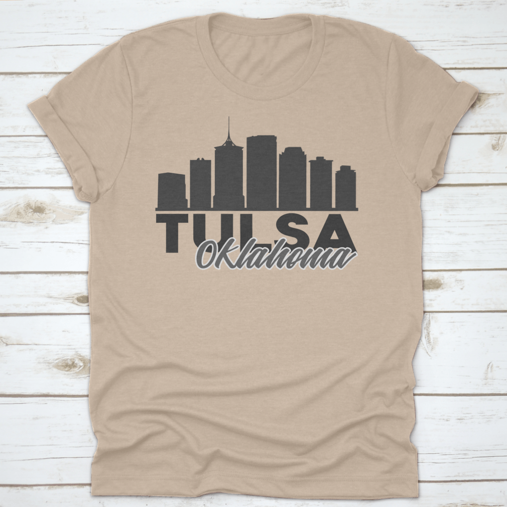Tulsa, Oklahoma skyline vector art design on a cotton fabric, showcasing iconic buildings and landmarks.