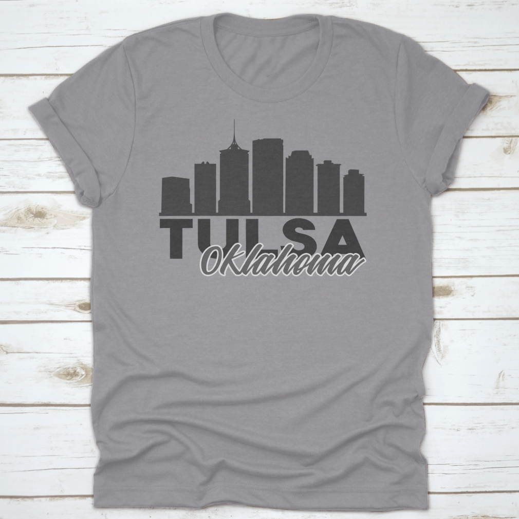 Tulsa, Oklahoma skyline vector art design on a cotton fabric, showcasing iconic buildings and landmarks.