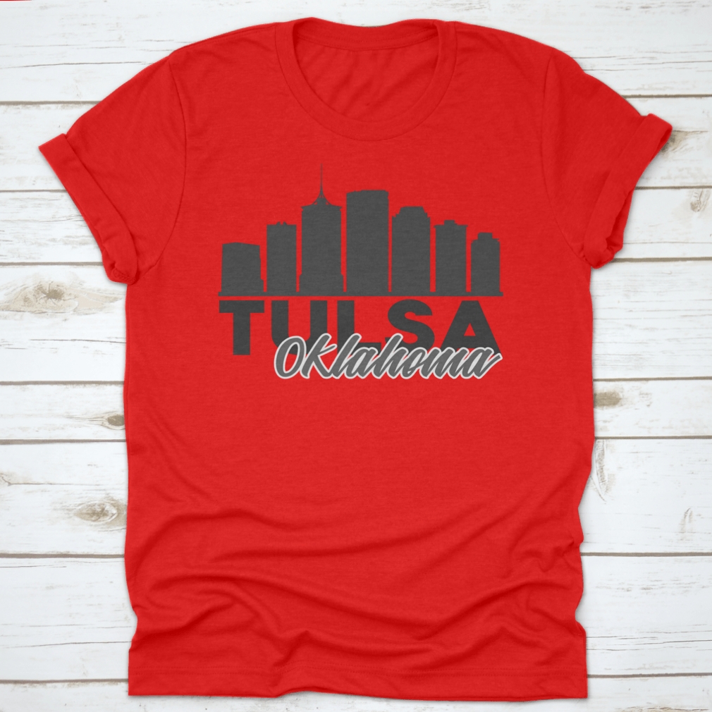 Tulsa, Oklahoma skyline vector art design on a cotton fabric, showcasing iconic buildings and landmarks.