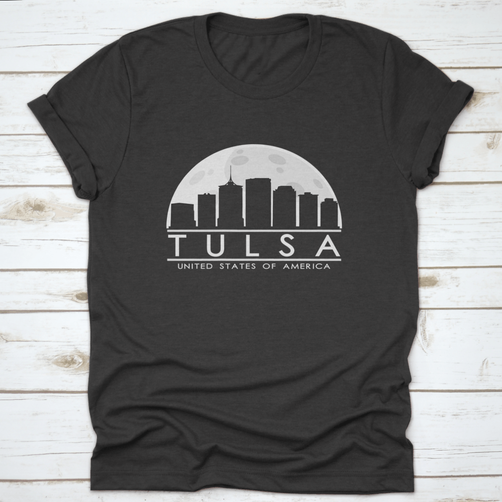Tulsa skyline silhouette design featuring a full moon night, showcasing the city's iconic buildings in a stylish graphic.