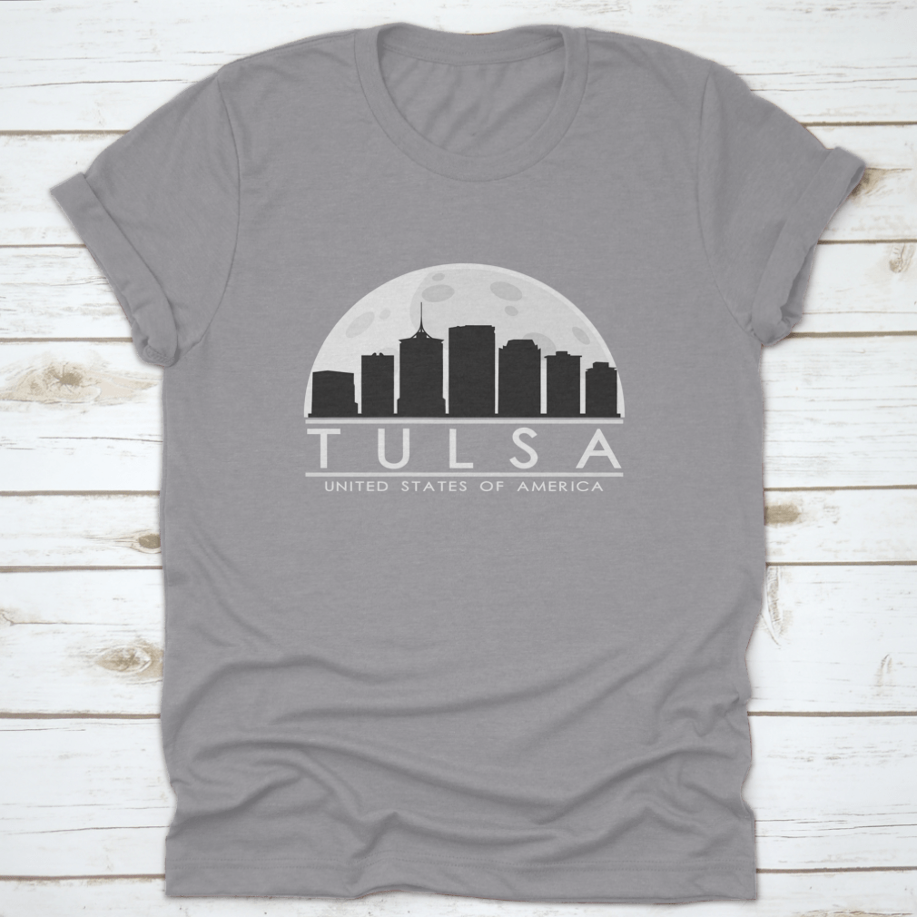 Tulsa skyline silhouette design featuring a full moon night, showcasing the city's iconic buildings in a stylish graphic.