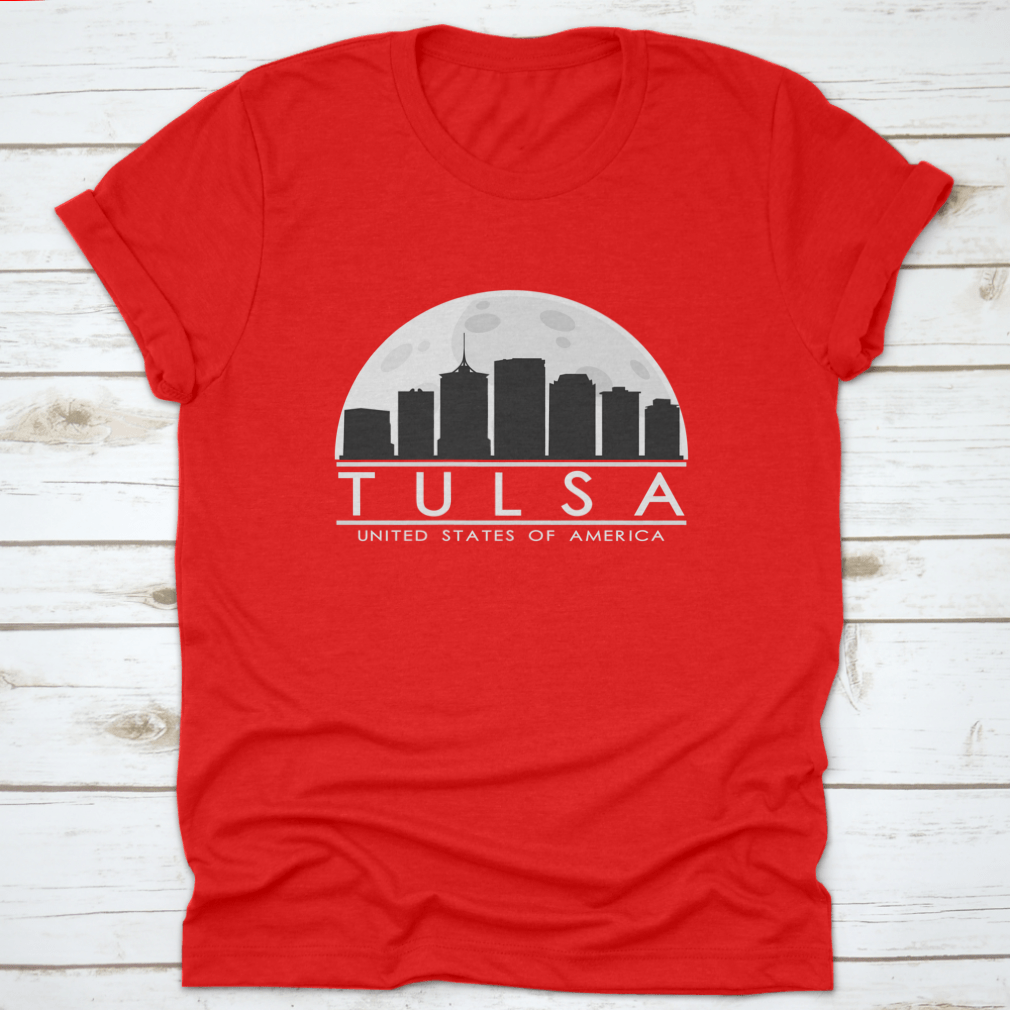Tulsa skyline silhouette design featuring a full moon night, showcasing the city's iconic buildings in a stylish graphic.