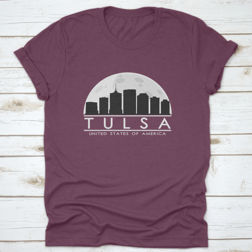 Tulsa skyline silhouette design featuring a full moon night, showcasing the city's iconic buildings in a stylish graphic.