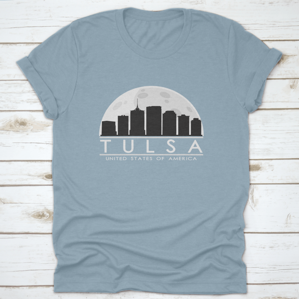 Tulsa skyline silhouette design featuring a full moon night, showcasing the city's iconic buildings in a stylish graphic.