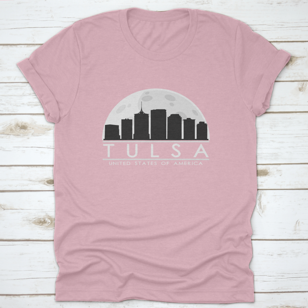Tulsa skyline silhouette design featuring a full moon night, showcasing the city's iconic buildings in a stylish graphic.