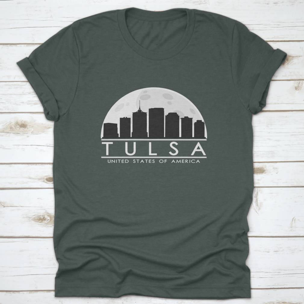 Tulsa skyline silhouette design featuring a full moon night, showcasing the city's iconic buildings in a stylish graphic.