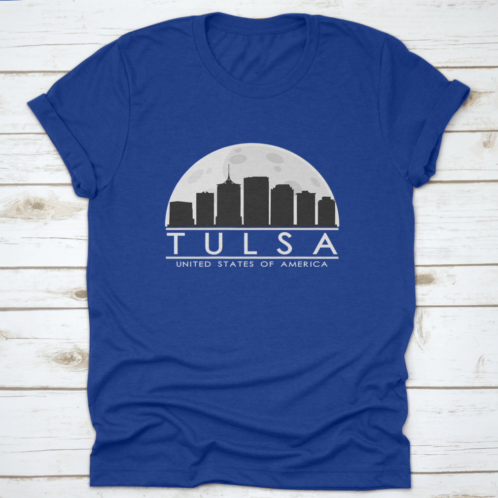 Tulsa skyline silhouette design featuring a full moon night, showcasing the city's iconic buildings in a stylish graphic.
