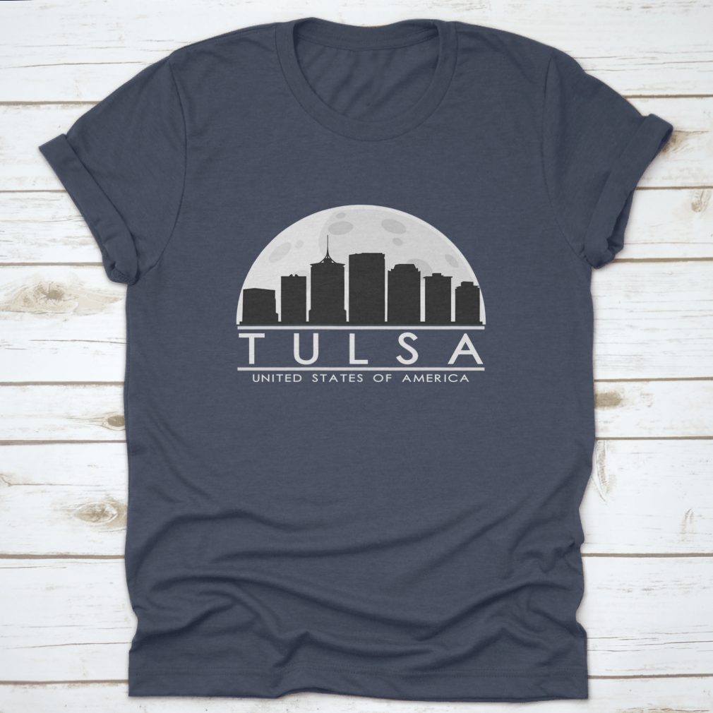 Tulsa skyline silhouette design featuring a full moon night, showcasing the city's iconic buildings in a stylish graphic.