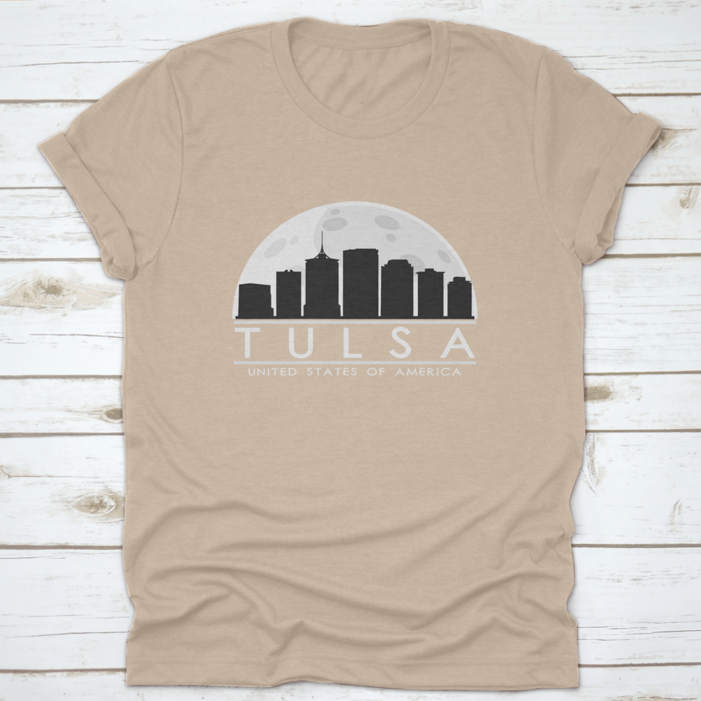 Tulsa skyline silhouette design featuring a full moon night, showcasing the city's iconic buildings in a stylish graphic.