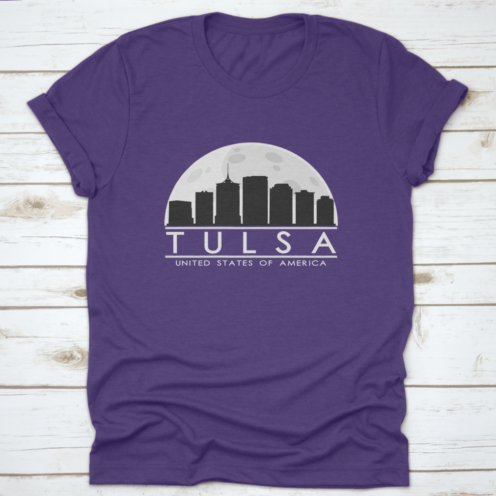 Tulsa skyline silhouette design featuring a full moon night, showcasing the city's iconic buildings in a stylish graphic.