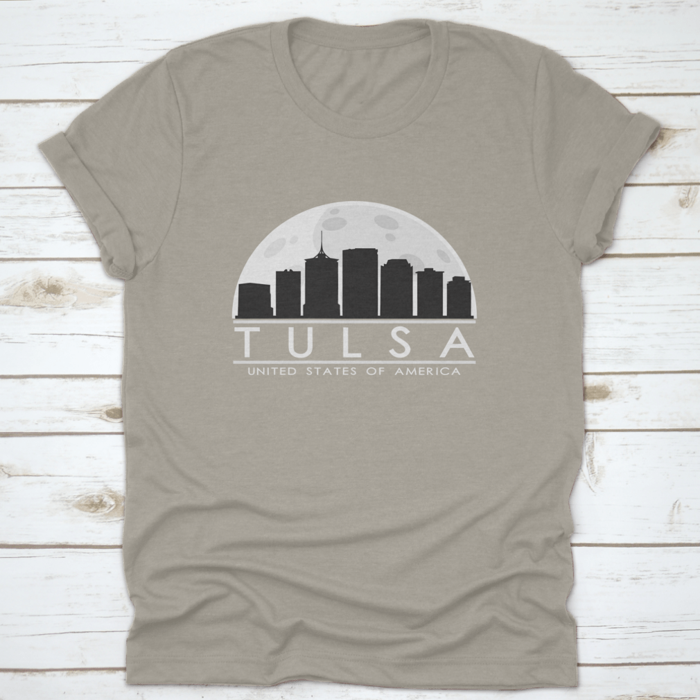 Tulsa skyline silhouette design featuring a full moon night, showcasing the city's iconic buildings in a stylish graphic.