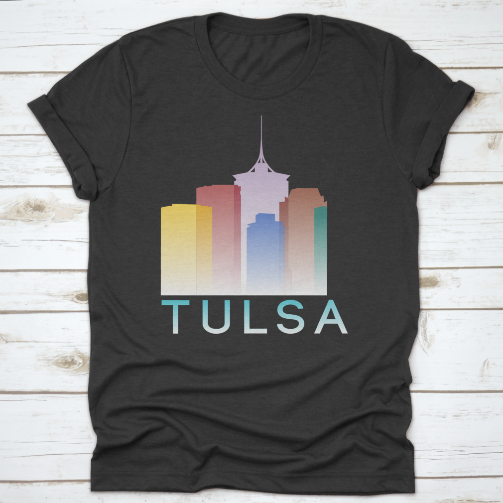 Colorful silhouette design of Tulsa, Oklahoma on a cotton T-shirt, showcasing vibrant gradient colors.