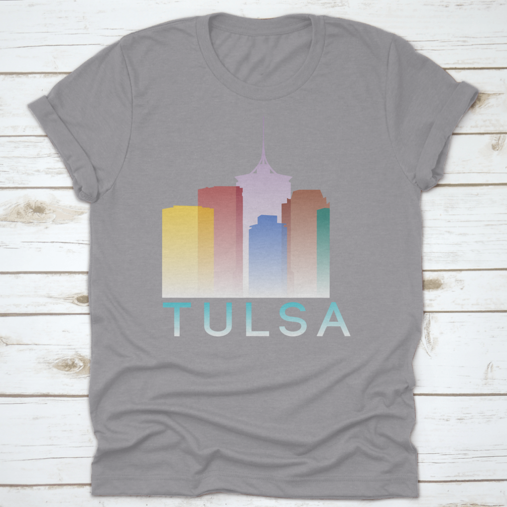 Colorful silhouette design of Tulsa, Oklahoma on a cotton T-shirt, showcasing vibrant gradient colors.