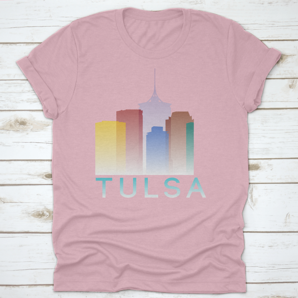 Colorful silhouette design of Tulsa, Oklahoma on a cotton T-shirt, showcasing vibrant gradient colors.