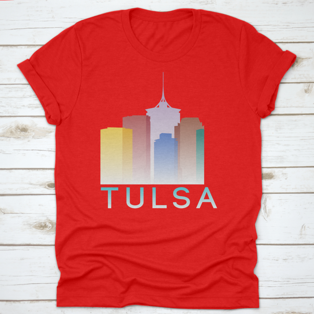 Colorful silhouette design of Tulsa, Oklahoma on a cotton T-shirt, showcasing vibrant gradient colors.
