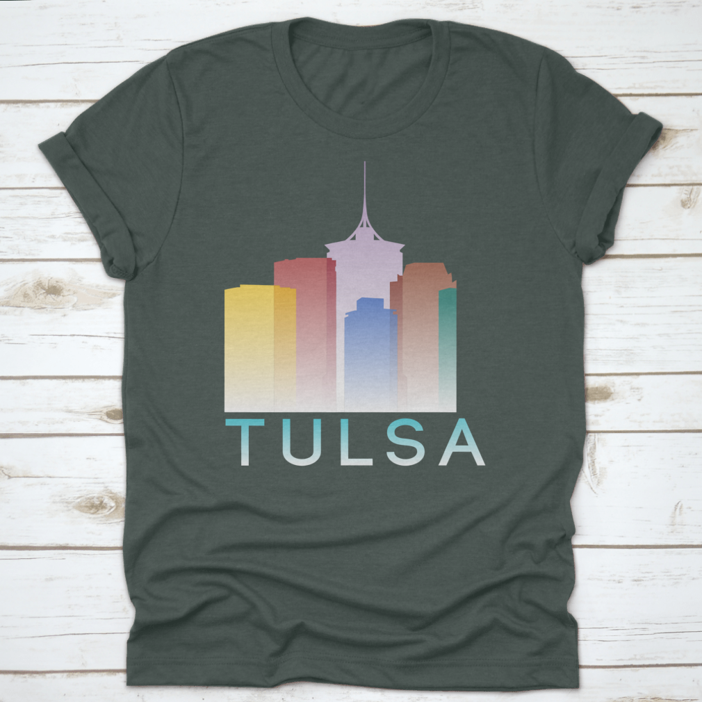 Colorful silhouette design of Tulsa, Oklahoma on a cotton T-shirt, showcasing vibrant gradient colors.