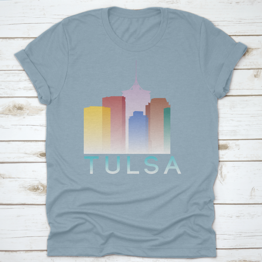 Colorful silhouette design of Tulsa, Oklahoma on a cotton T-shirt, showcasing vibrant gradient colors.