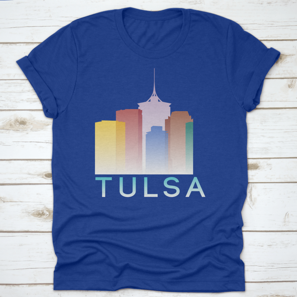 Colorful silhouette design of Tulsa, Oklahoma on a cotton T-shirt, showcasing vibrant gradient colors.