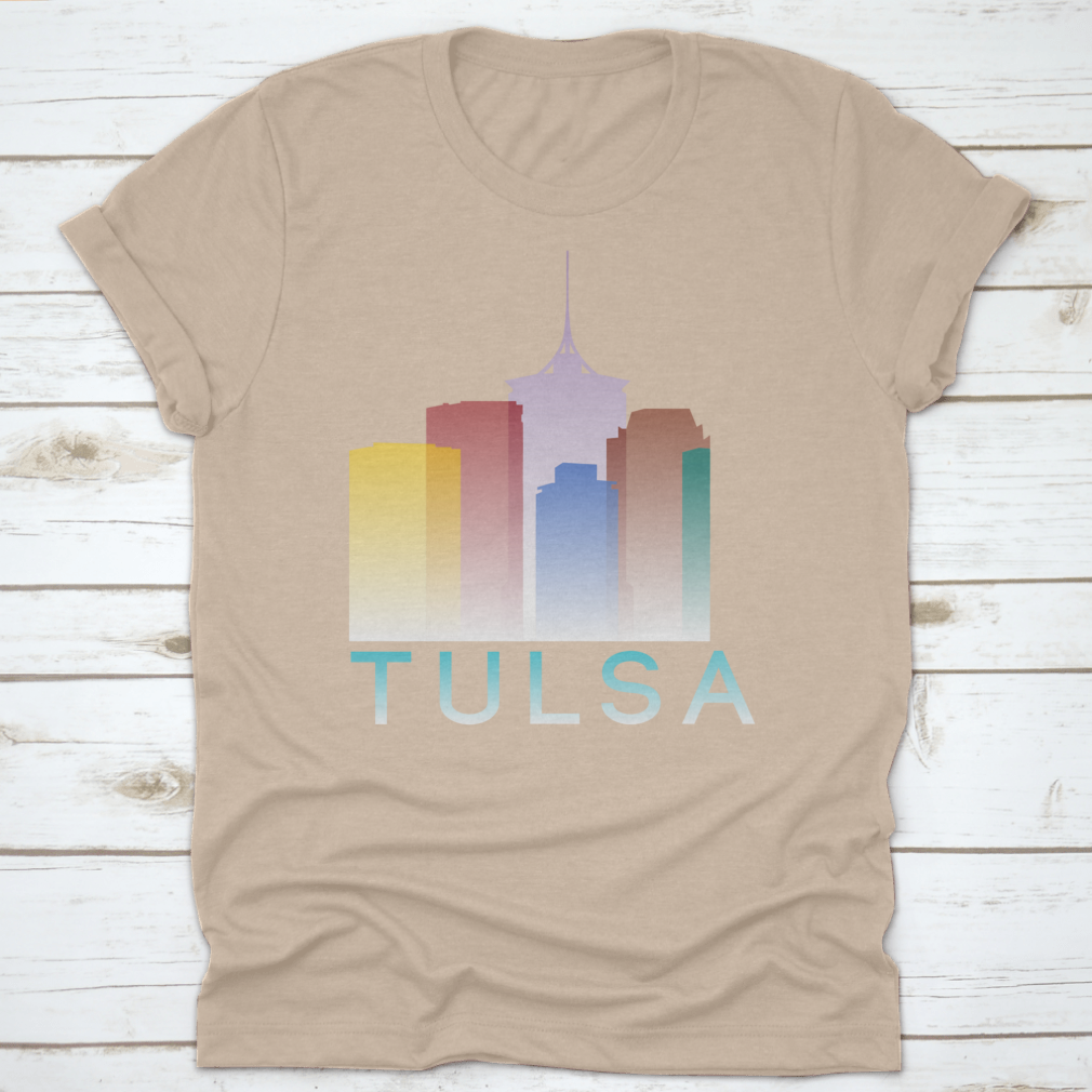 Colorful silhouette design of Tulsa, Oklahoma on a cotton T-shirt, showcasing vibrant gradient colors.