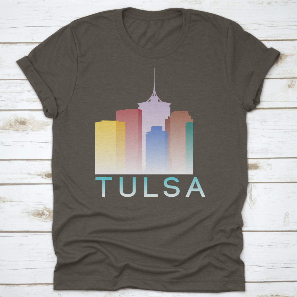 Colorful silhouette design of Tulsa, Oklahoma on a cotton T-shirt, showcasing vibrant gradient colors.