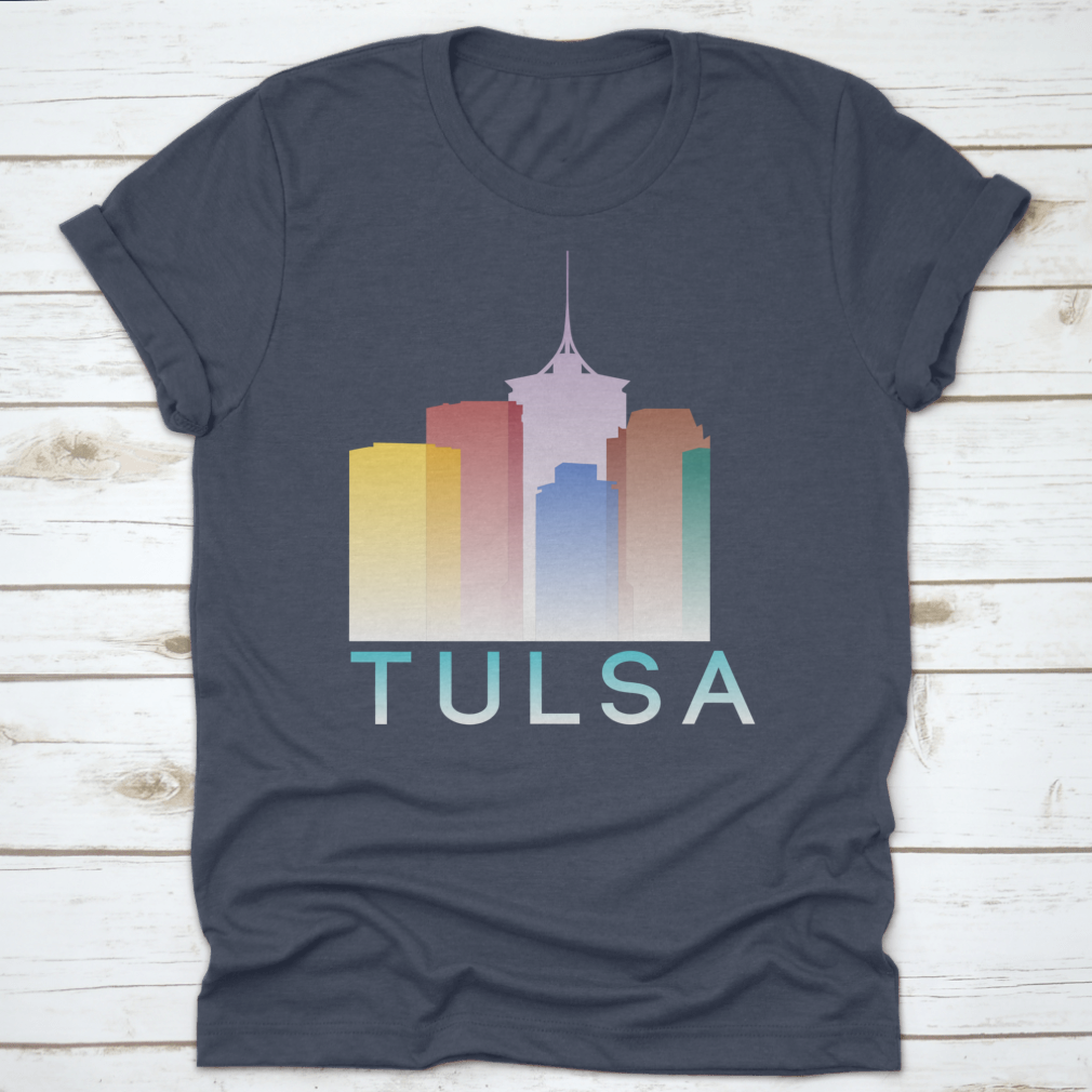 Colorful silhouette design of Tulsa, Oklahoma on a cotton T-shirt, showcasing vibrant gradient colors.