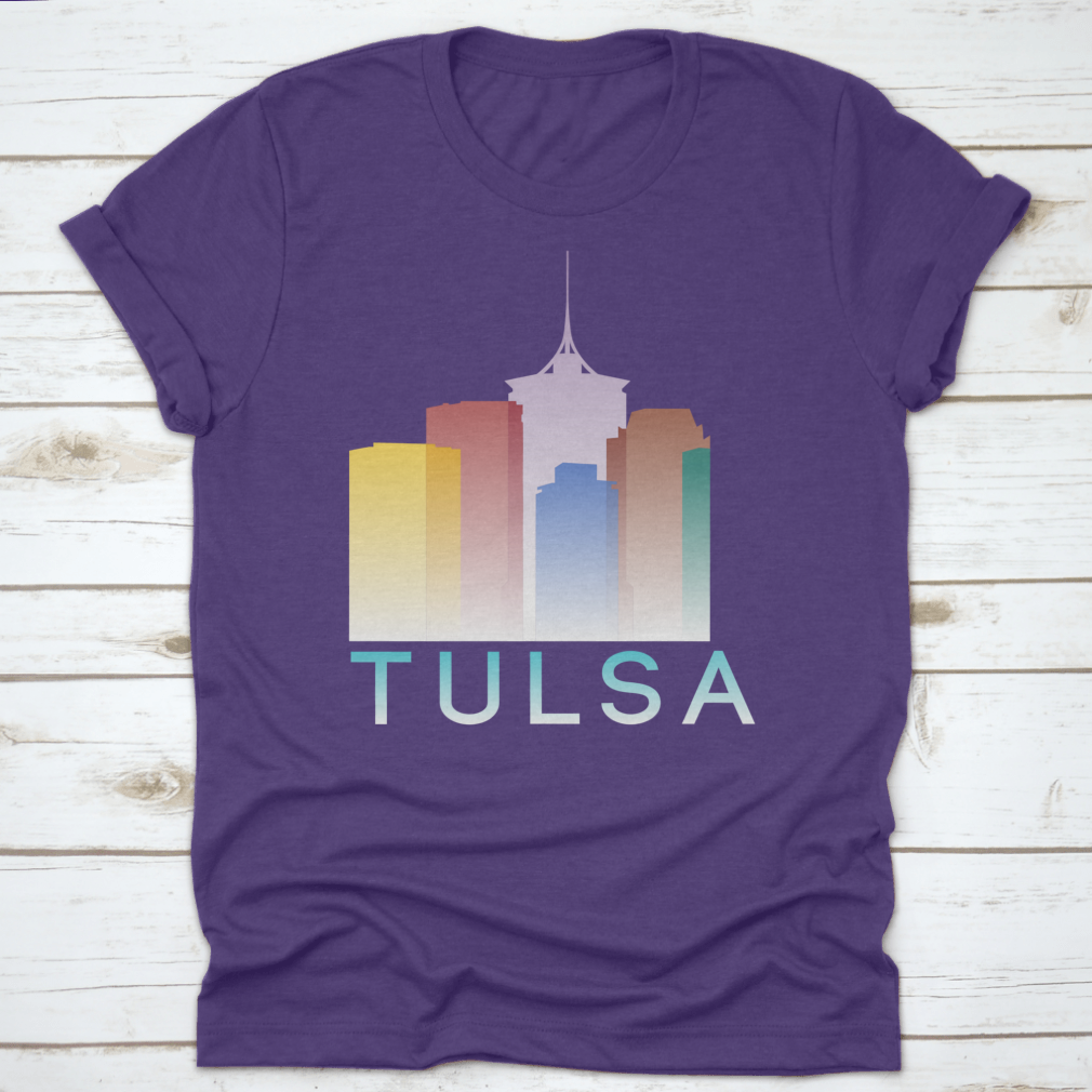 Colorful silhouette design of Tulsa, Oklahoma on a cotton T-shirt, showcasing vibrant gradient colors.