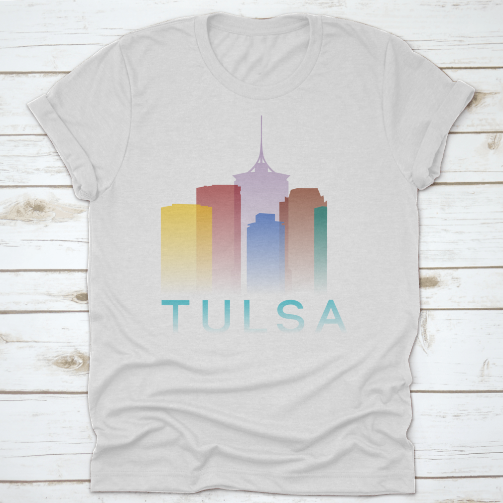 Colorful silhouette design of Tulsa, Oklahoma on a cotton T-shirt, showcasing vibrant gradient colors.