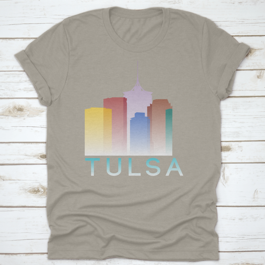 Colorful silhouette design of Tulsa, Oklahoma on a cotton T-shirt, showcasing vibrant gradient colors.