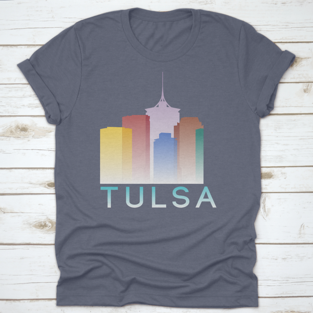 Colorful silhouette design of Tulsa, Oklahoma on a cotton T-shirt, showcasing vibrant gradient colors.
