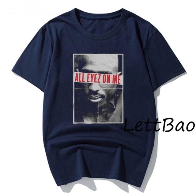 Tupac All Eyes On Me T-shirt featuring a vibrant print of Tupac Shakur, made from soft cotton with a casual O-neck design.