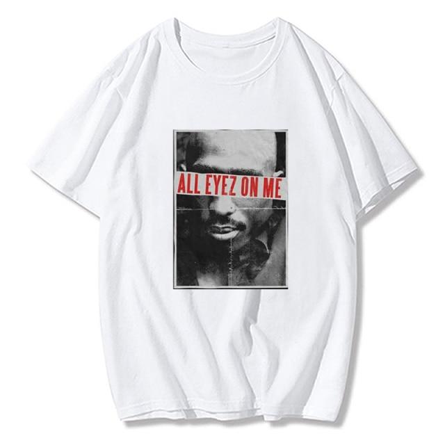 Tupac All Eyes On Me T-shirt featuring a vibrant print of Tupac Shakur, made from soft cotton with a casual O-neck design.