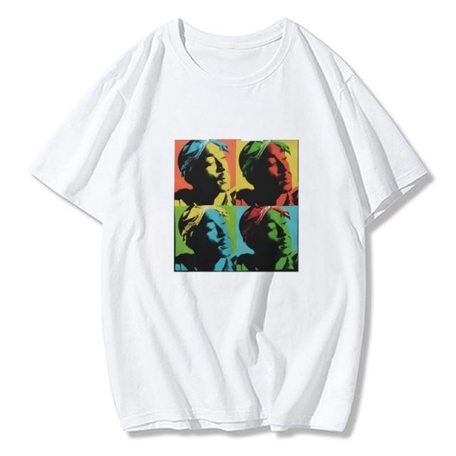 Tupac All Eyes On Me T-shirt featuring a vibrant print of Tupac Shakur, made from soft cotton with a casual O-neck design.