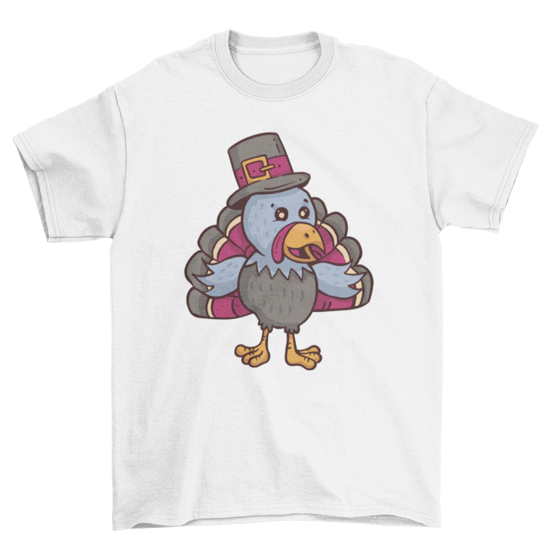 A colorful cartoon t-shirt design featuring a turkey dressed as a pilgrim, perfect for Thanksgiving celebrations.