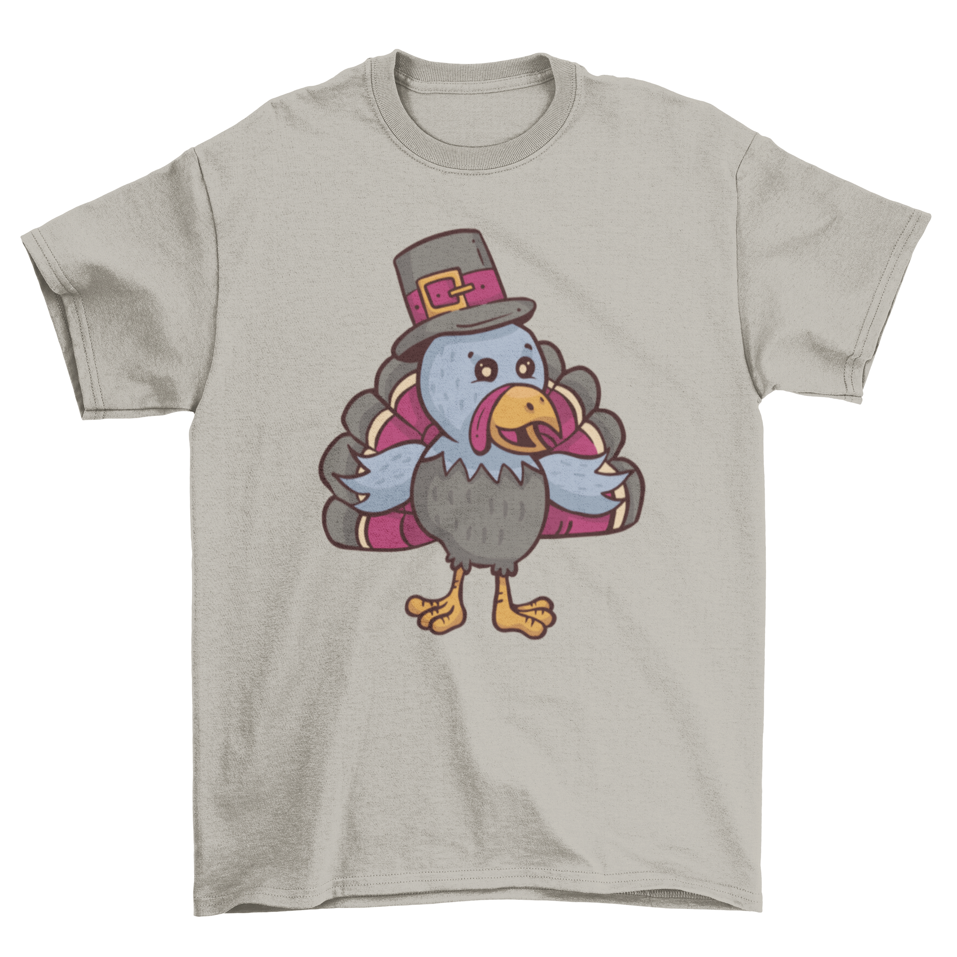 A colorful cartoon t-shirt design featuring a turkey dressed as a pilgrim, perfect for Thanksgiving celebrations.