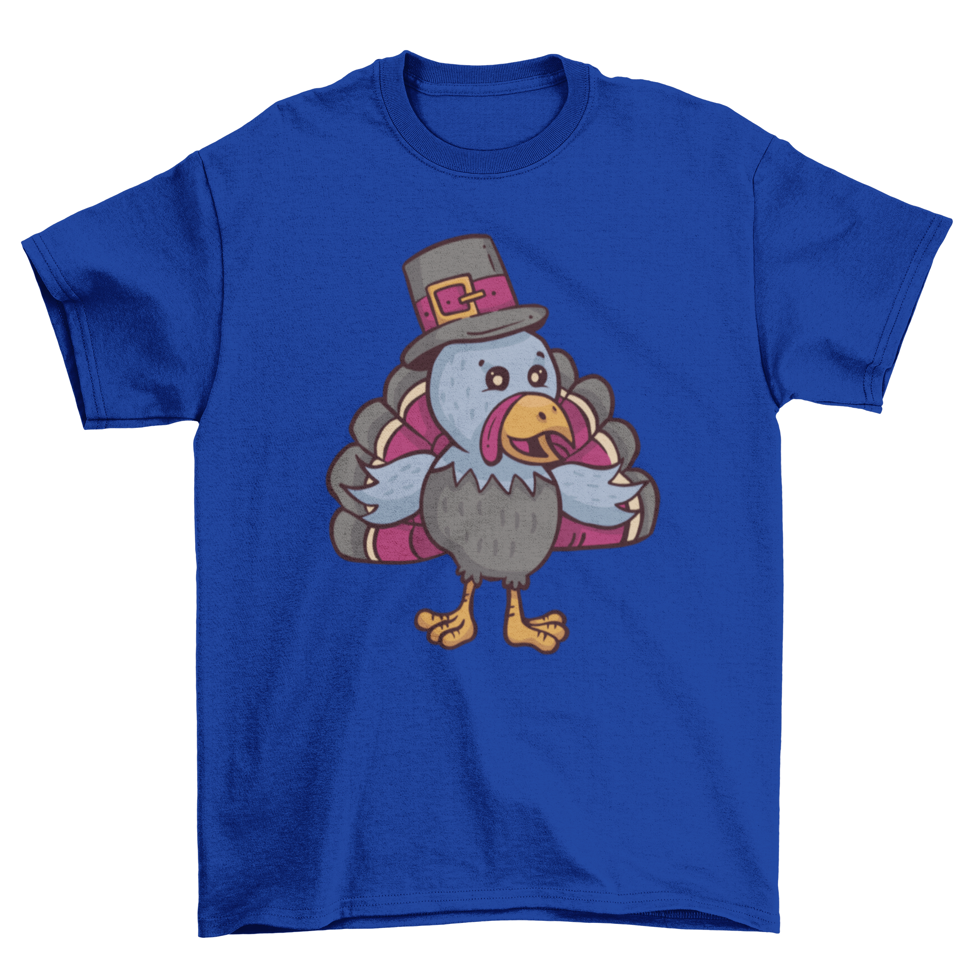 A colorful cartoon t-shirt design featuring a turkey dressed as a pilgrim, perfect for Thanksgiving celebrations.