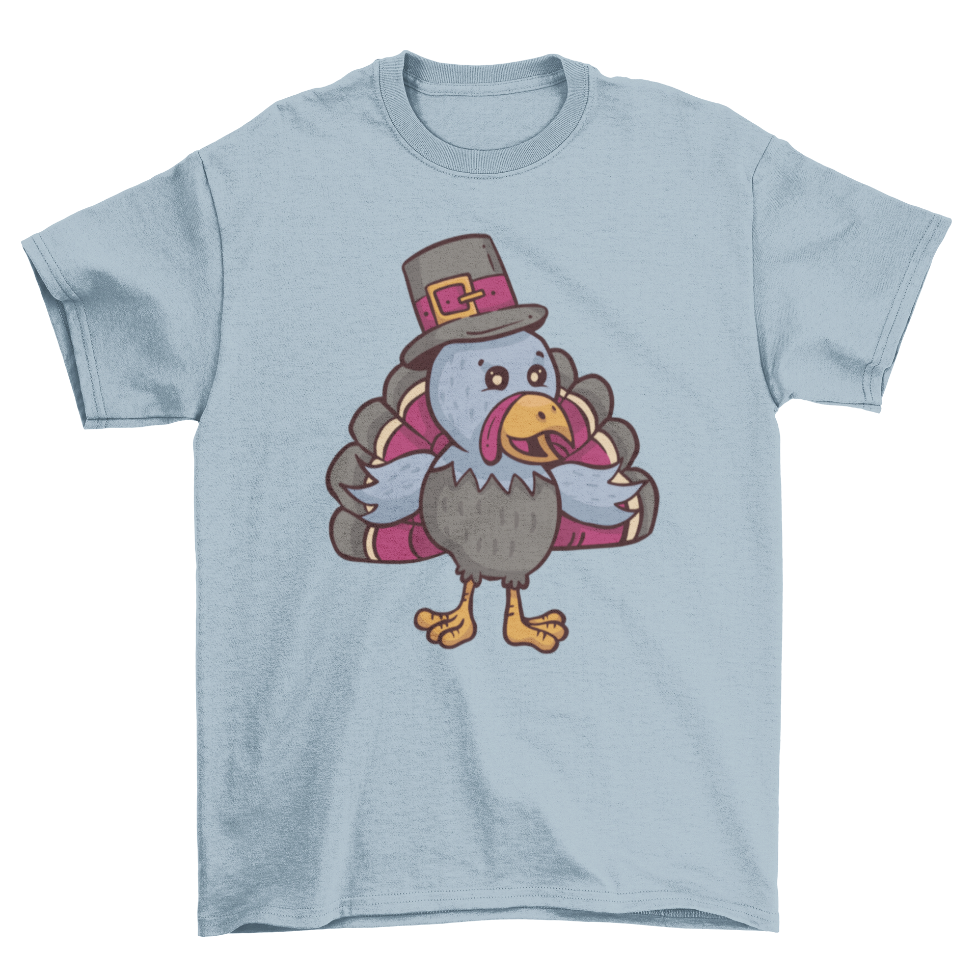 A colorful cartoon t-shirt design featuring a turkey dressed as a pilgrim, perfect for Thanksgiving celebrations.